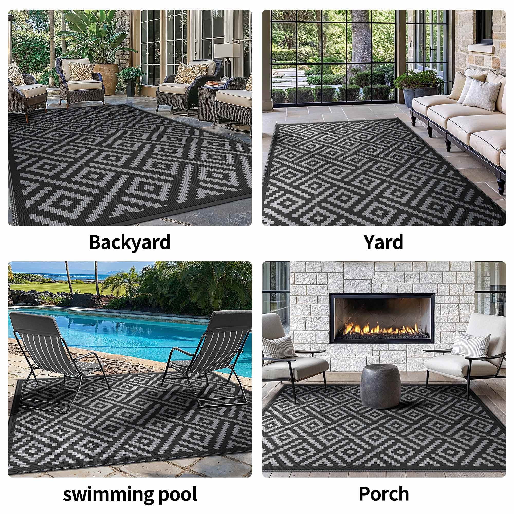 DEORAB Outdoor Rugs Waterproof Plastic Straw Mat 6'x9' Reversible for RV Patio Deck Beach Black & Gray