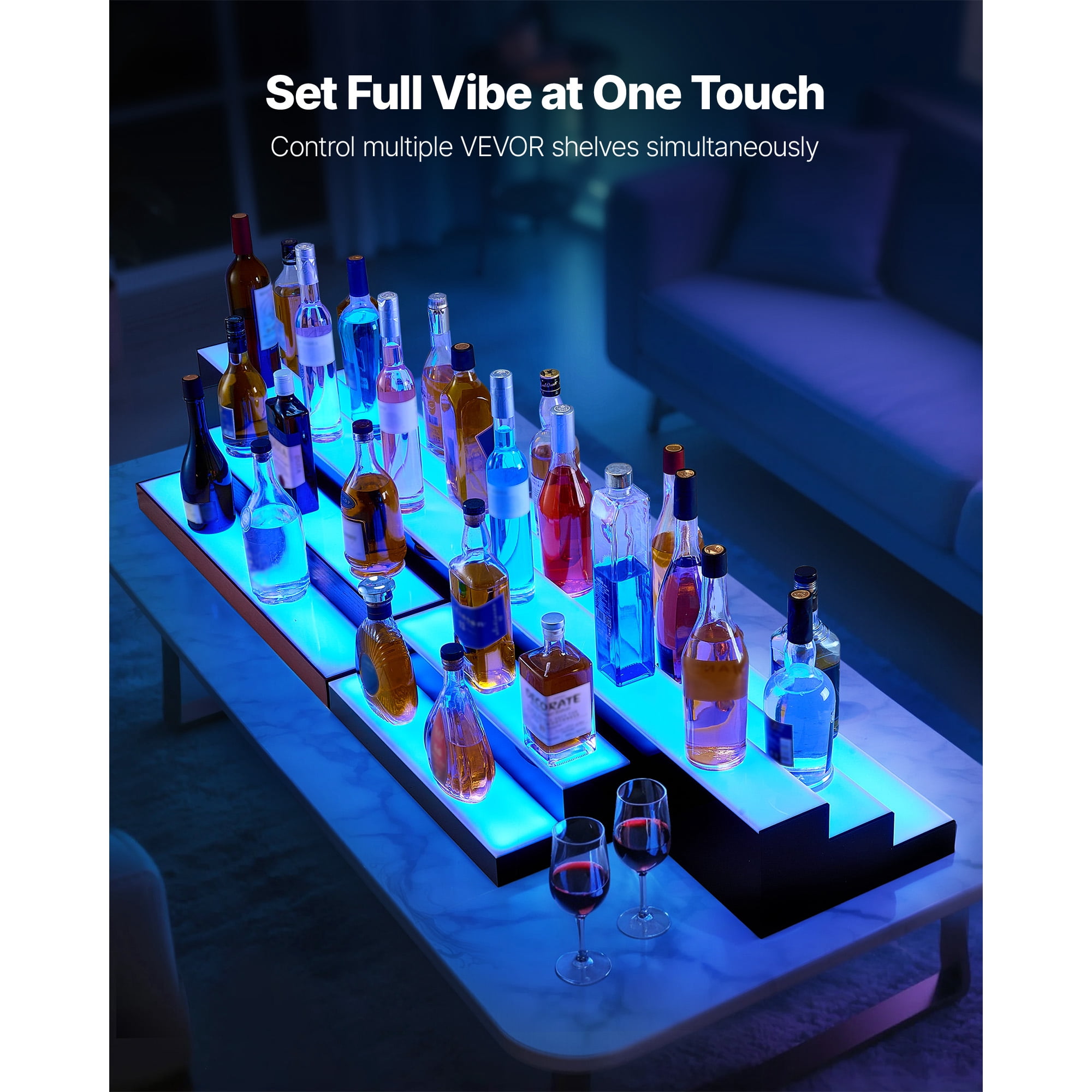 KFFKFF LED Lighted Liquor Bottle Display, 1-Tier 48-Inch Whiskey Rack with USB Support, Illuminated Bar Shelf with RF Remote & App Control, 7 Static Colors, Acrylic Shelf for 12 Bottles