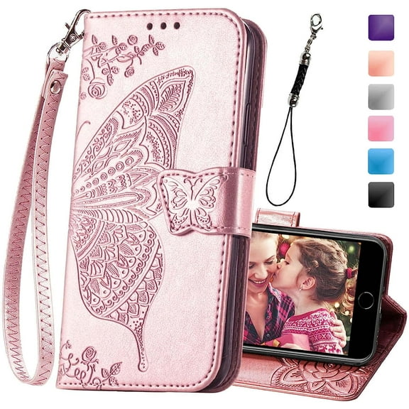 Wallet Case for iPhone SE 2020/SE 2022/iPhone 8/iPhone 7,Women Butterfly Embossed PU Leather Kickstand Credit Card Holder Slots Wrist Strap Flip Cover for iPhone 7/8/SE 2nd 3rd Gen (Rose Gold)