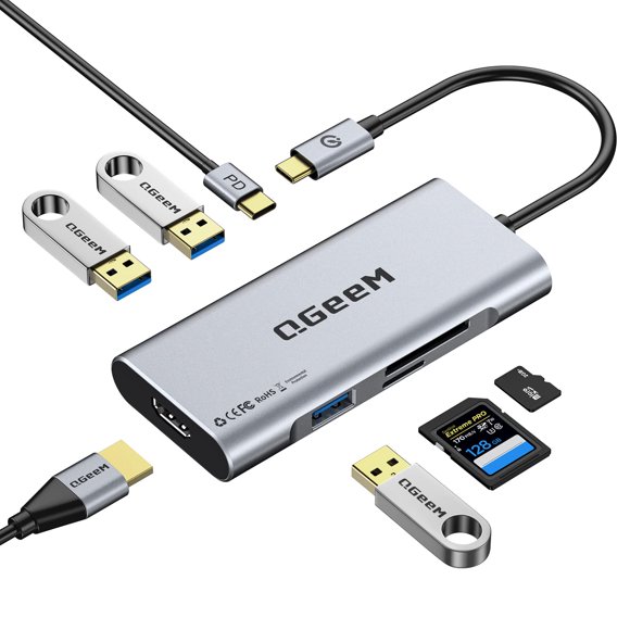 Adaptador HDMI USB C Hub QGeeM 7 en 1 Tipo C Hub a HDMI 4k 3 puertos USB 3.0