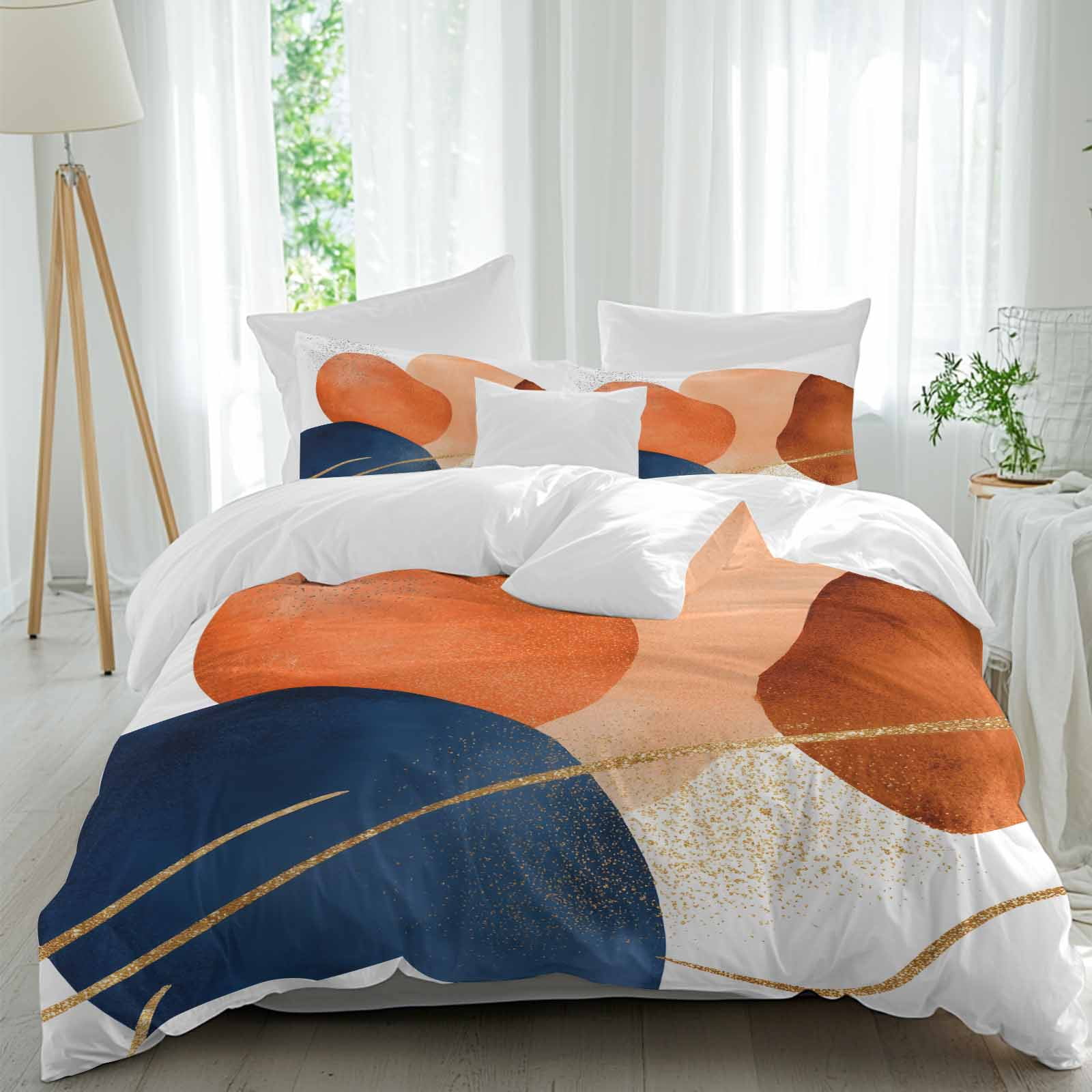 Navy Blue Burnt Orange Bedding 3 Piece Duvet Cover Set California King, Modern Retro Geometric Soft Microfiber Comforter Cover with Zipper Closure & Pillowcases, Wrinkle & FadeResistant Quilt Cover