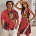 thumbnail image 2 of Jeiento Polynesian Couples Vacation Outfits Matching Sets Shirt for Men Short Sleeve Hawaiian Shirts Floral Womens Dresses Sleeveless Tiered Summer Mini Dress Mens Button Up Shirt, Red, 2 of 6
