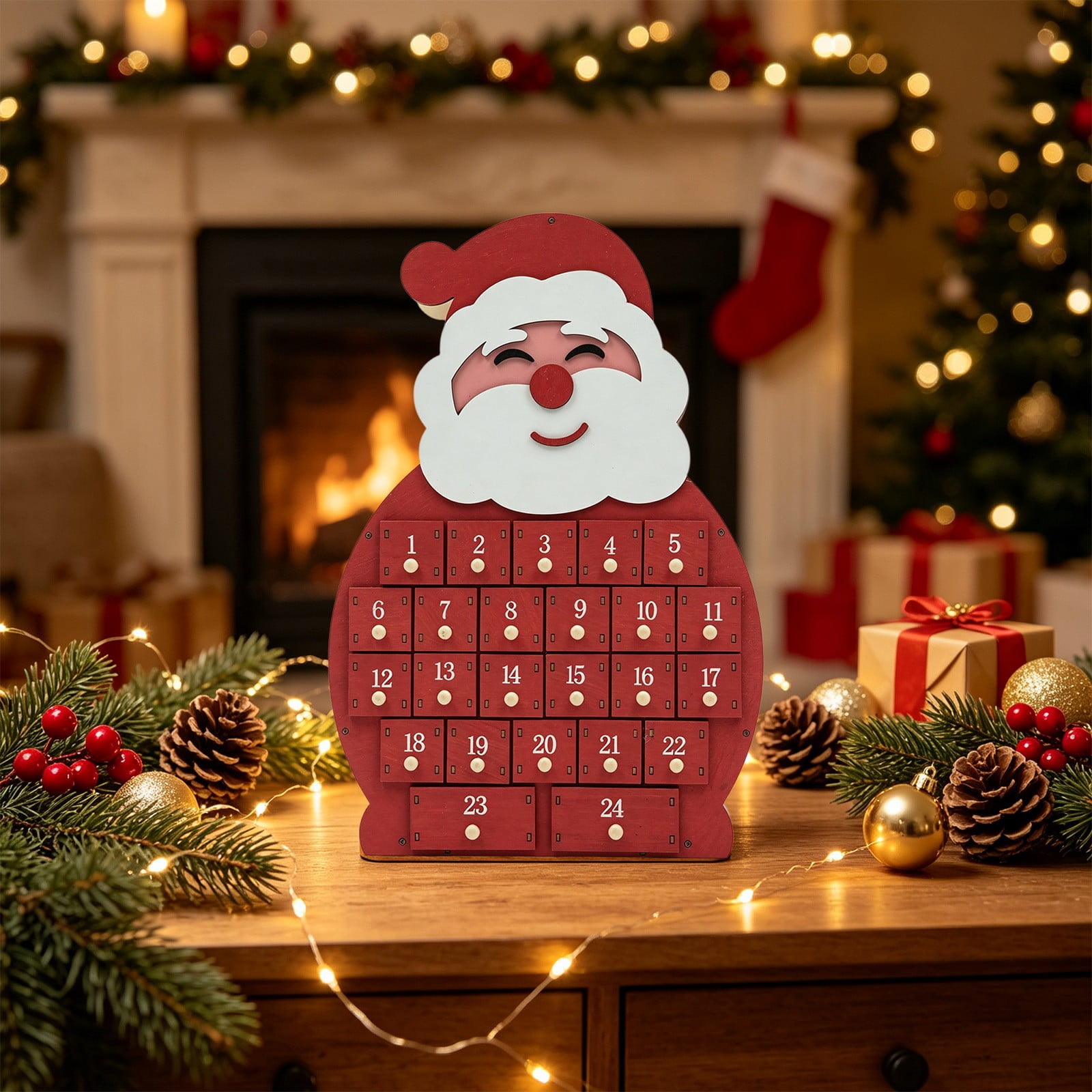 Christmas Advent Calendar 24 Days Countdown Wooden Ornament with Small Drawers Red Tabletop Decoration 13.77 Inch for Holiday Home and Family Countdown