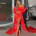 thumbnail image 1 of Vestido de fiesta corto de satén con hombros descubiertos rojo Qunque, vestidos de noche de manga corta personalizados, Mini vestido de cóctel con lazo en la espalda para fiesta de bienvenida, 1 of 5