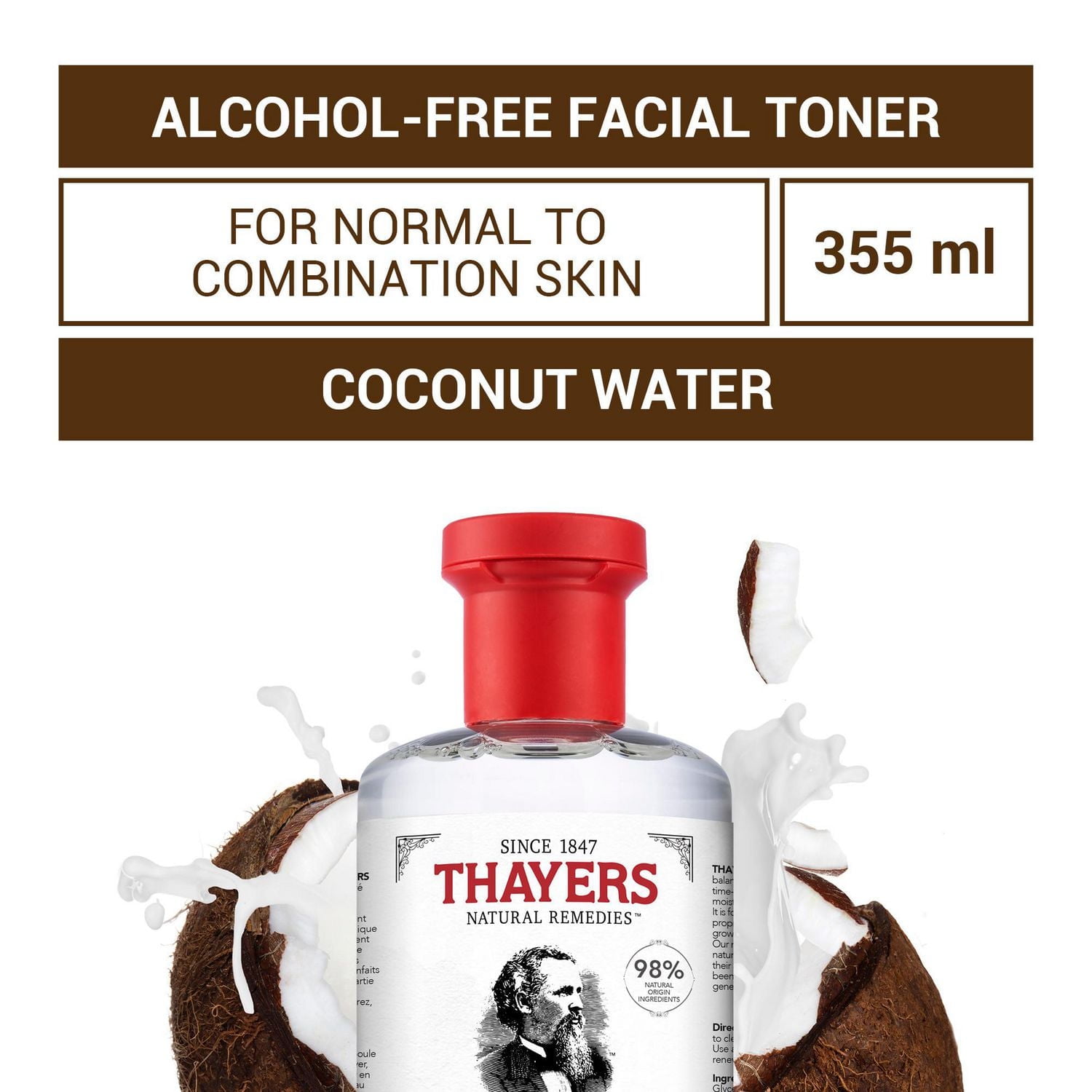 THAYERS Coconut Water Facial Toner Alcohol-Free Witch Hazel Aloe Vera Formula 355mL, Alcohol-Free Facial Toner