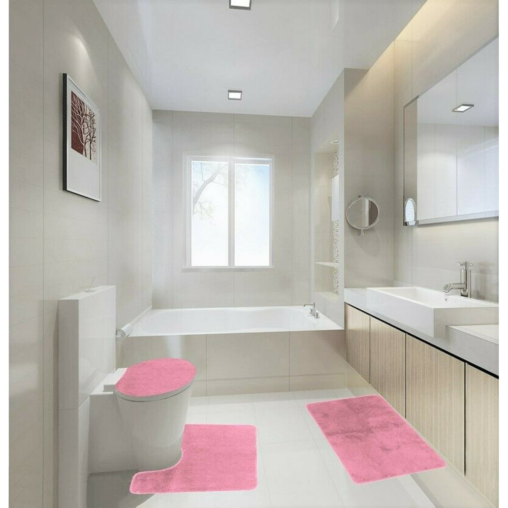 3 Piece Light Pink Soft Bathroom Bath Mat Set Extra Absorbent Solid