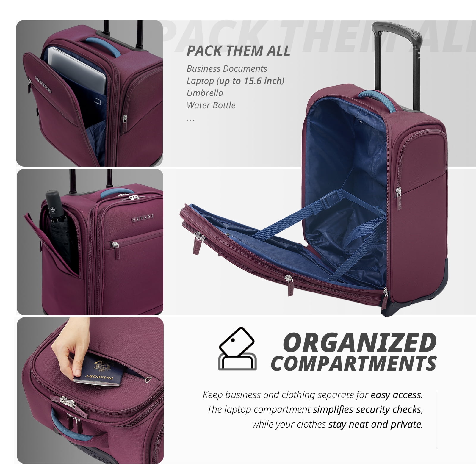 VERAGE 16-Inch Rolling Underseat Luggage with Wheels, Softside Expanable Small Suitcase Carry On Luggage Bags for Airlines Airplanes Short Trip Men Women (Grape Red)