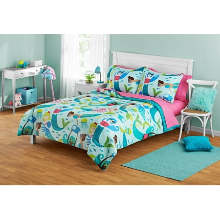 Your Zone 7 Piece Teal and Pink Mermaid Reversible Polyester Bedding Set for Kids, Full