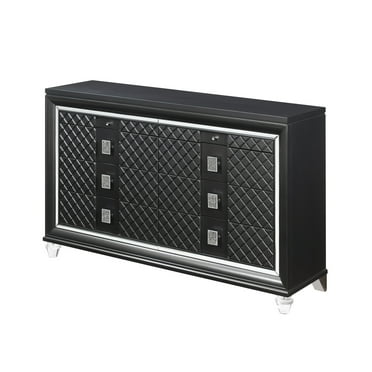 Benjara 8 Drawer Wooden Dresser with Mirror Accents and Diamond Pattern, Black