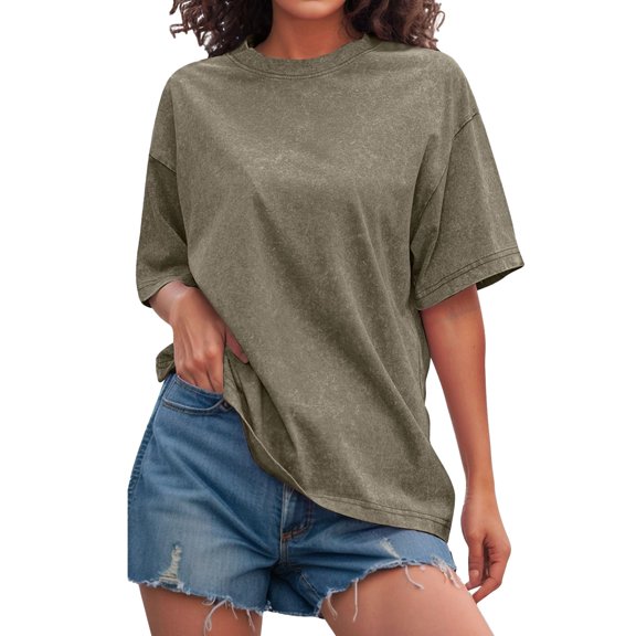Clearance! Delayuji Short Sleeve Tops for Women L Green Womens Washed Vintage Oversized T Shirt Casual Baggy Streetwear Tee Workout Short Sleeve Trendy Tops