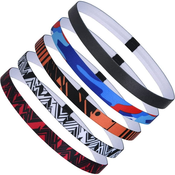 Sport Headbands 5 Pieces Thick Non-Slip Elastic Sport Hair Band Slim Sport Hairband for Women and Mens Exercise Sweat Bands Athletic Head Bands for Running Gym Football Yoga