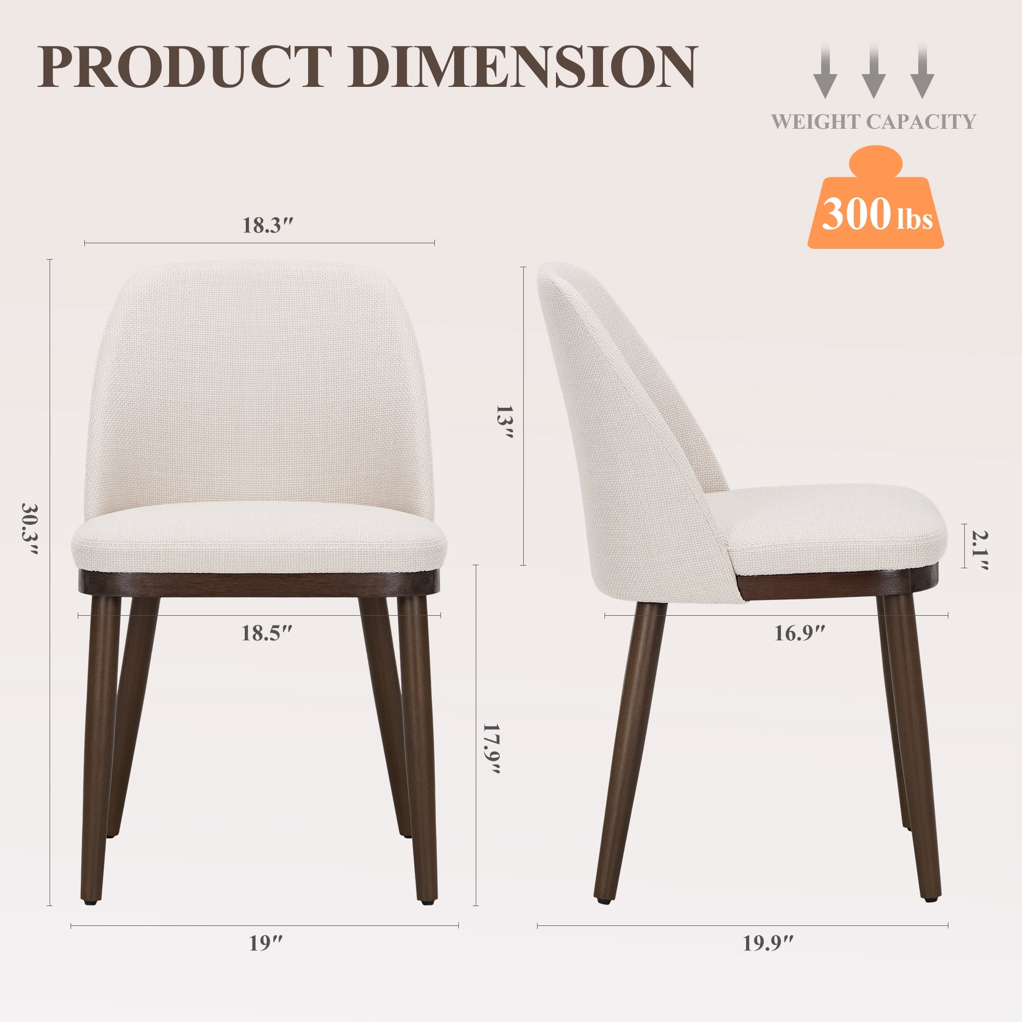 Modern Upholstered Dining Chairs Set of 2 — Fabric Padded Side Chairs with Solid Wood Legs for Kitchens and Dining Rooms, Beige
