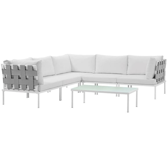 Lounge Sectional Sofa Table Set, White, Aluminum Metal, Outdoor Patio Balcony Cafe Bistro Garden Hospitality Restaurant, Modern Contemporary HB33098