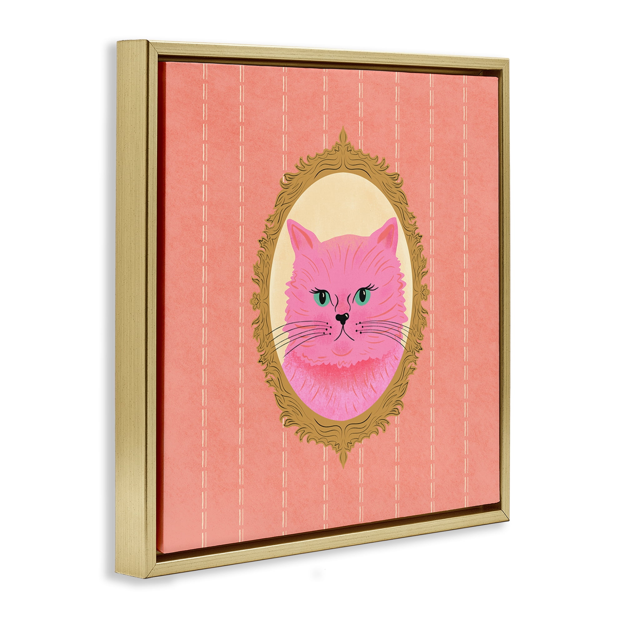 Stupell Industries Pink Cat Portrait Animals Painting Gold Floater Framed Canvas Art Print Wall Art, 18 x 18