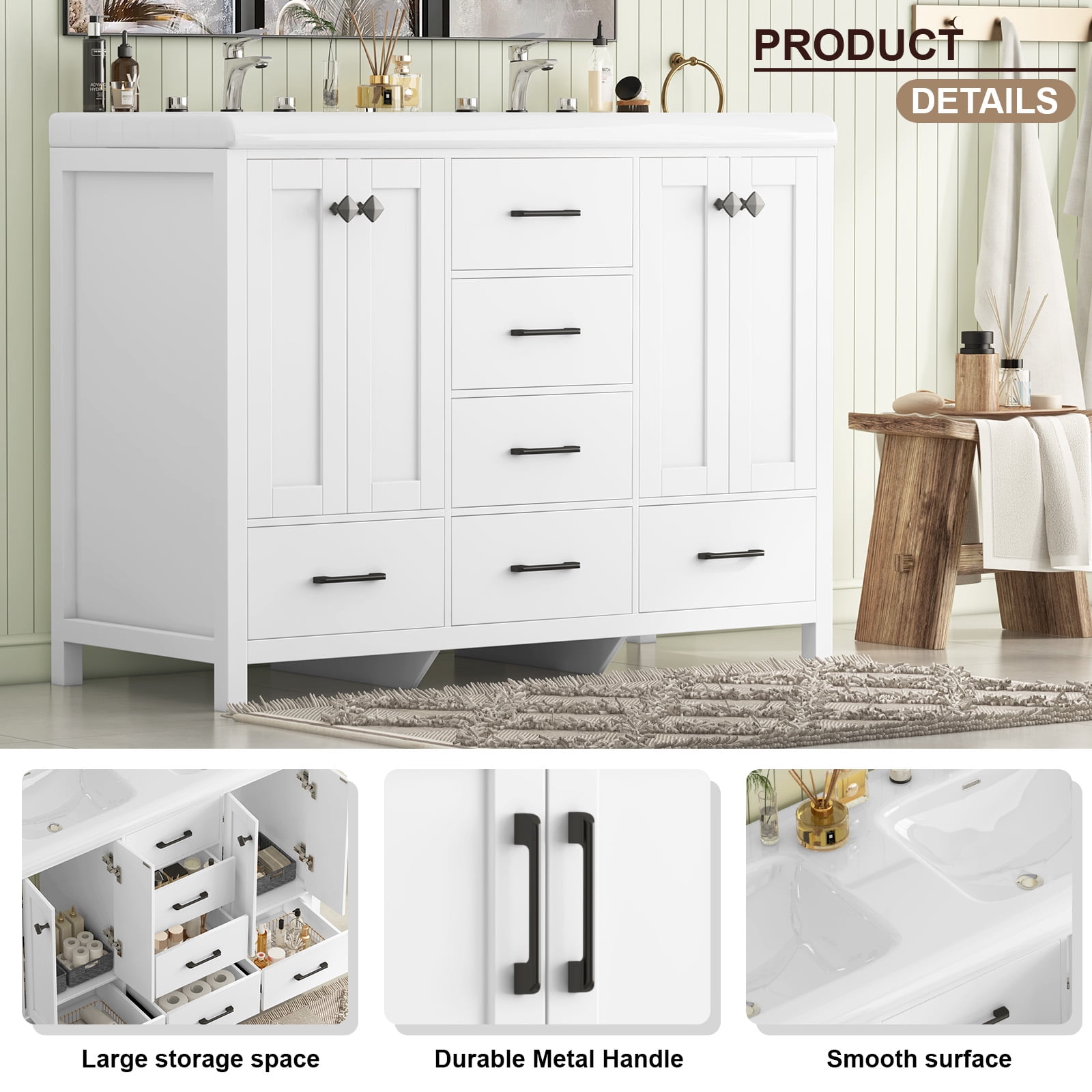 Caulitar 47" Large Bathroom Vanity with Double Ceramic Sink Top, Freestanding Vanity Cabinet 6 Drawers and Shelves, White