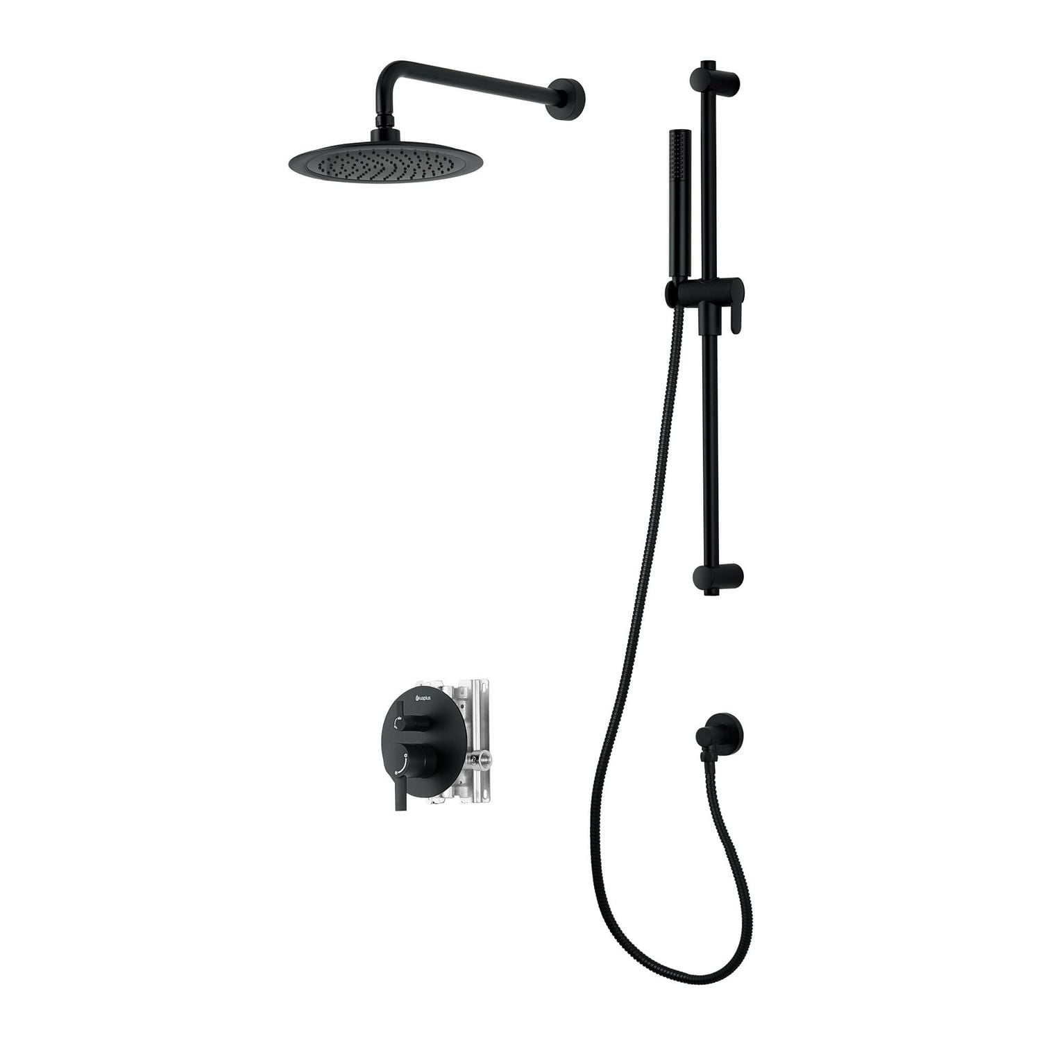 Robinet de douche noir mat à pression équilibrée à inverseur 3 voies rond d'akuaplus®, douchette à main sur mât, tête de douche