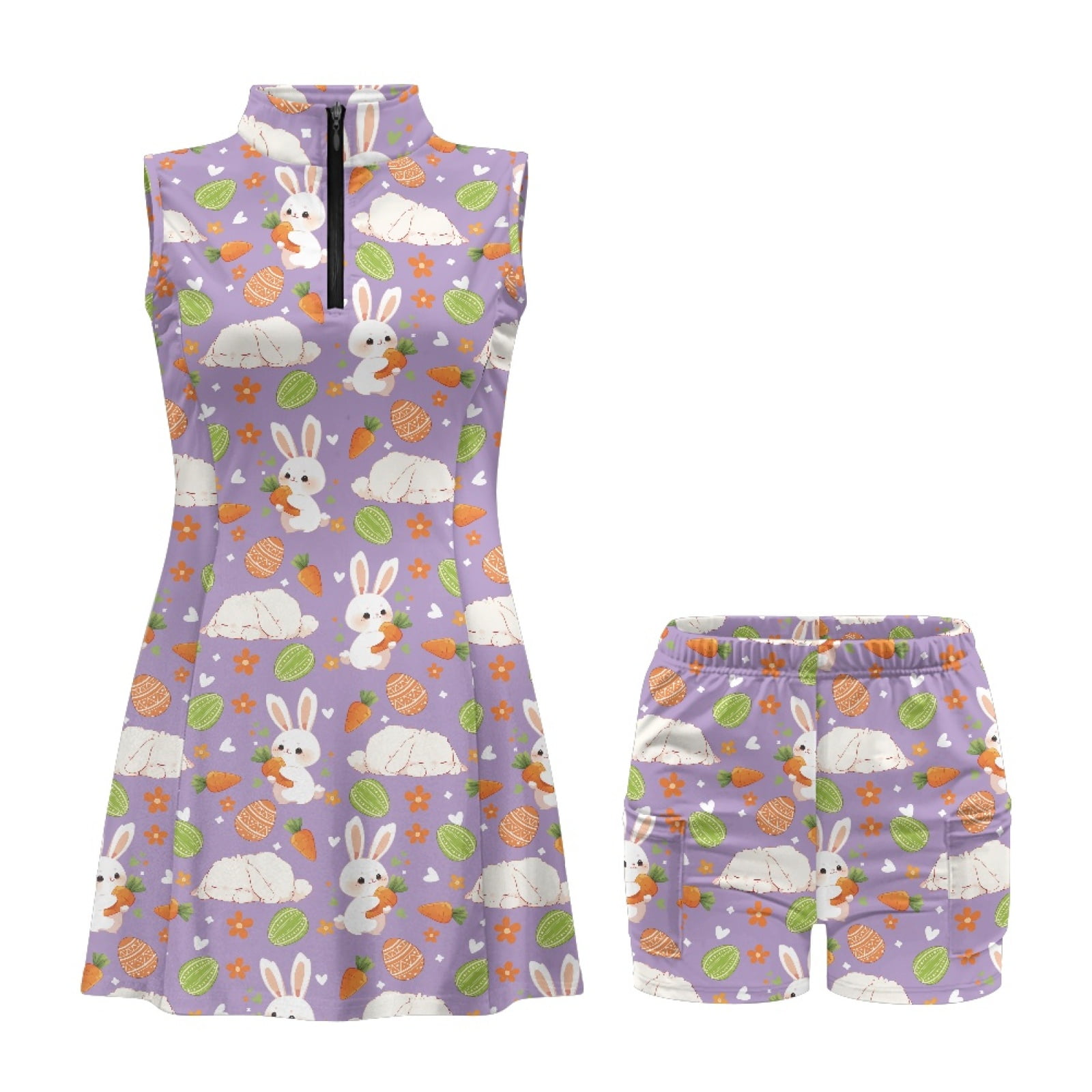 COEQINE Easter Bunny Egg Carrot Floral Print Women's Tennis Dress with Shorts 2 Pockets Sleeveless Quick Dry Soft Sports Dresses Zip Up 2 Piece Set Golf Outfits, M