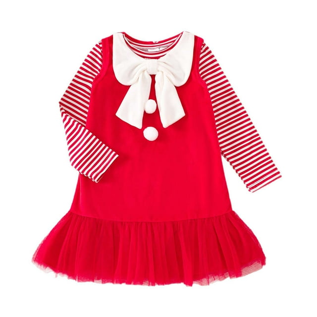 WUANDIXFA Robe à Manches Longues pour Filles Ensemble de Noël pour Enfants Haut à Manches Longues Jupe à Nœud Ensemble Décontracté Deux Pièces Rouge, 1-2 Ans