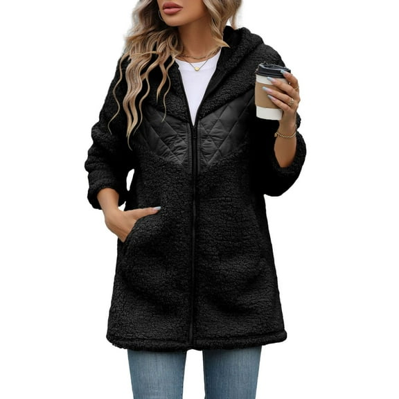 SWSMCLT Women's Winter Top Snow Coats Pocket Full Zip Coat Long Sleeve Cute Fall Spring Thick Sherpa Loose Zip Black 14