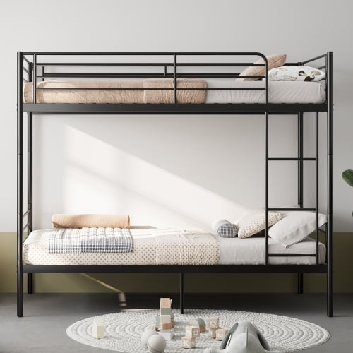 Twin Over Twin Metal Bunk Bed with Ladder and High Guardrail, Convertible to 2 Twin Beds, Noise-Free, Storage Space, Black