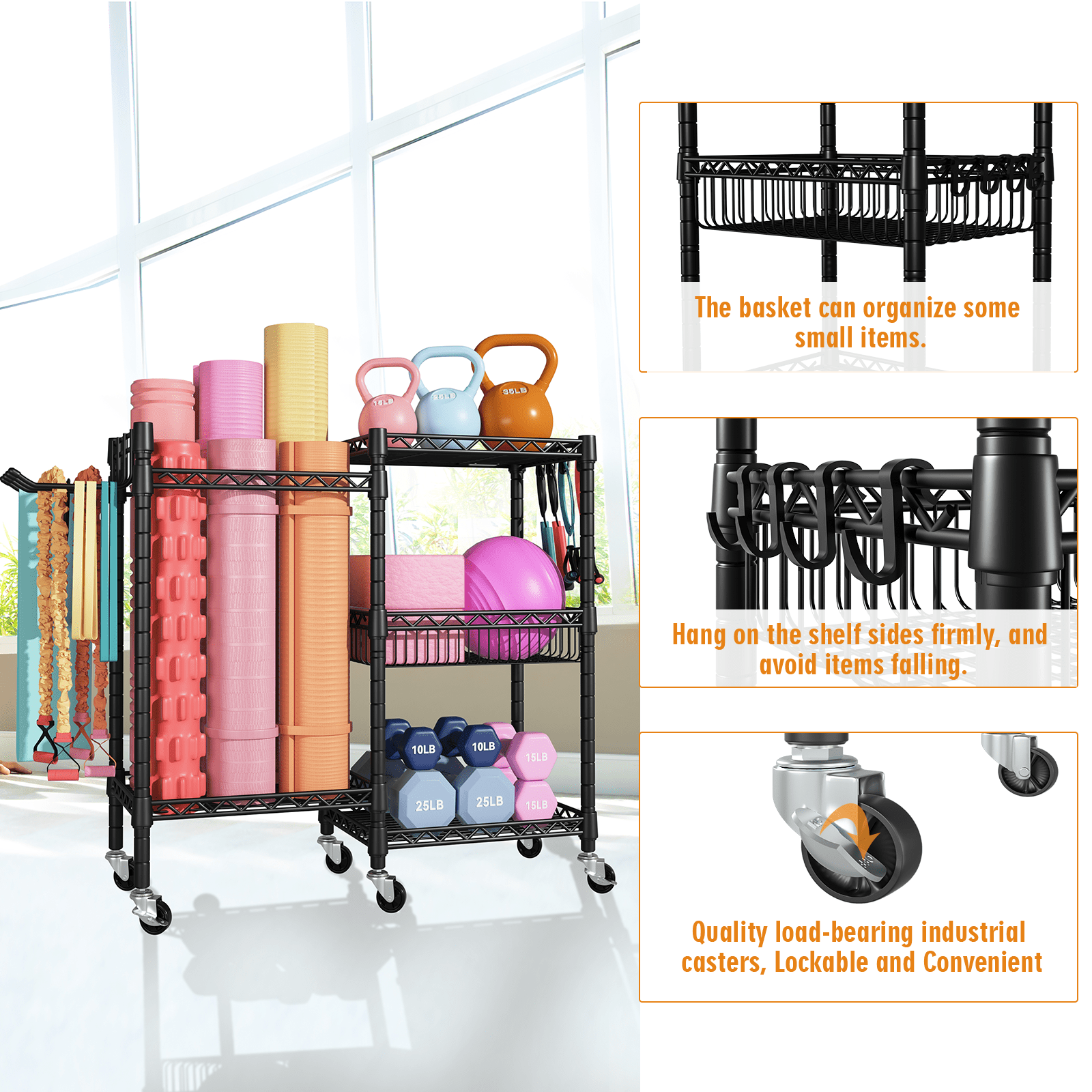 FUTASSI Home Gym Storage, 3 Tiers Workout Equipment Organizer with Wheels for Yoga Mats, Foam Roller, Dumbbells, Kettlebells, and Resistance Bands