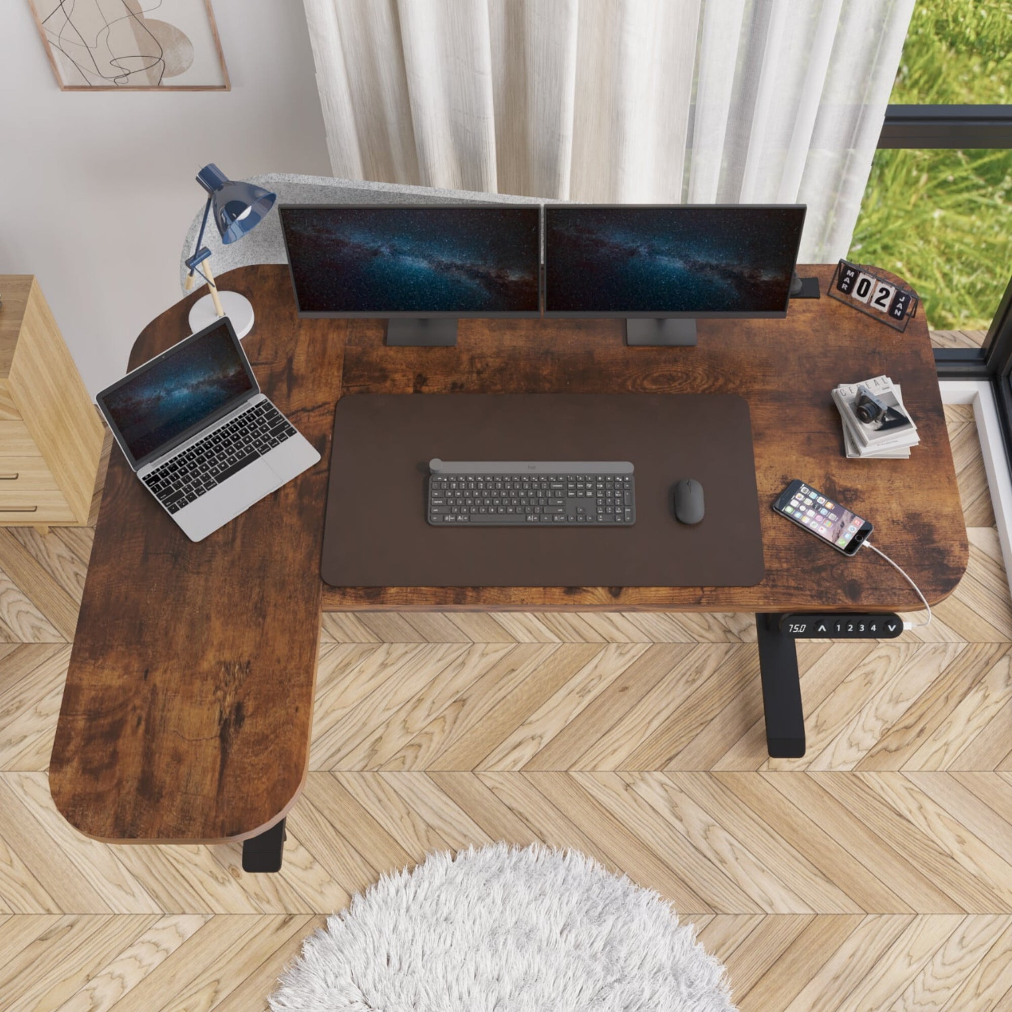 DEALTOPS 59" L-Shaped Electric Standing Desk with Power Strip, Height Adjustable Table with Mouse Pad, Rustic Brown
