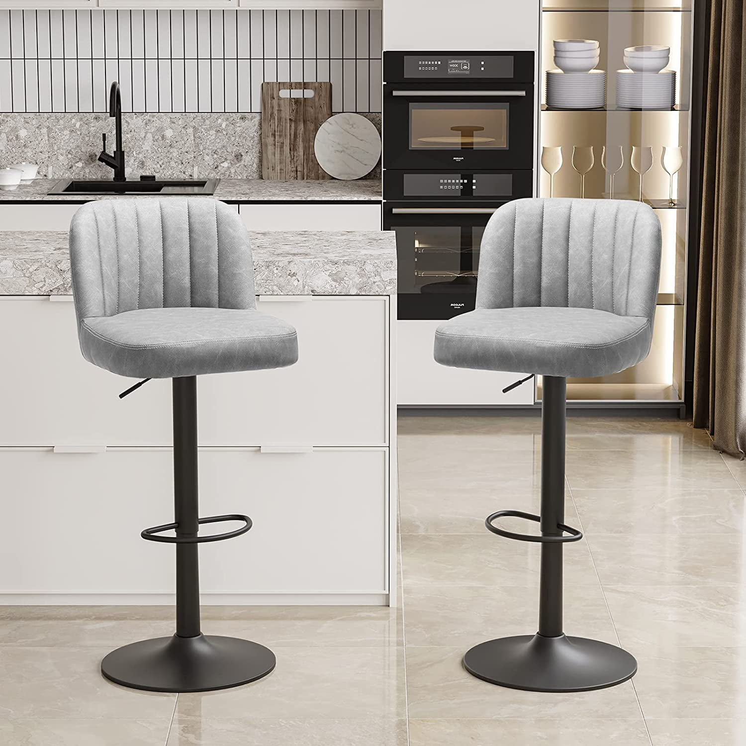 DICTAC Gray Leather Bar Stools Set of 2, Counter Height Bar Stools