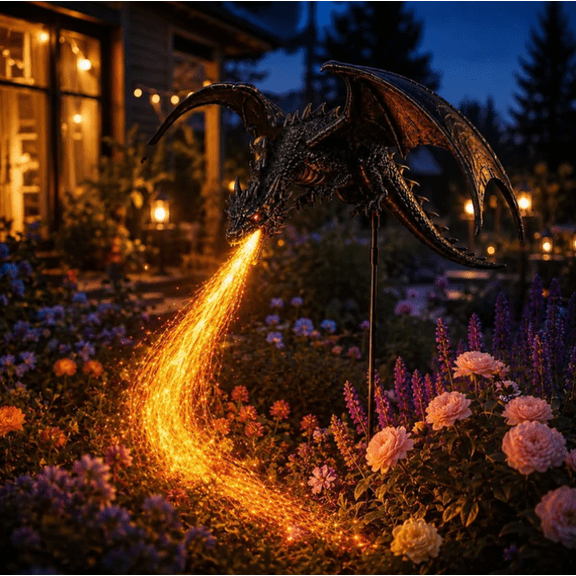 Dragon Fire Solar Powered Garden Stake Light, Fantasy‑Style Glowing Flame Effect Art Piece for Backyard Pathway Entryway Outdoor Evening Scene Display