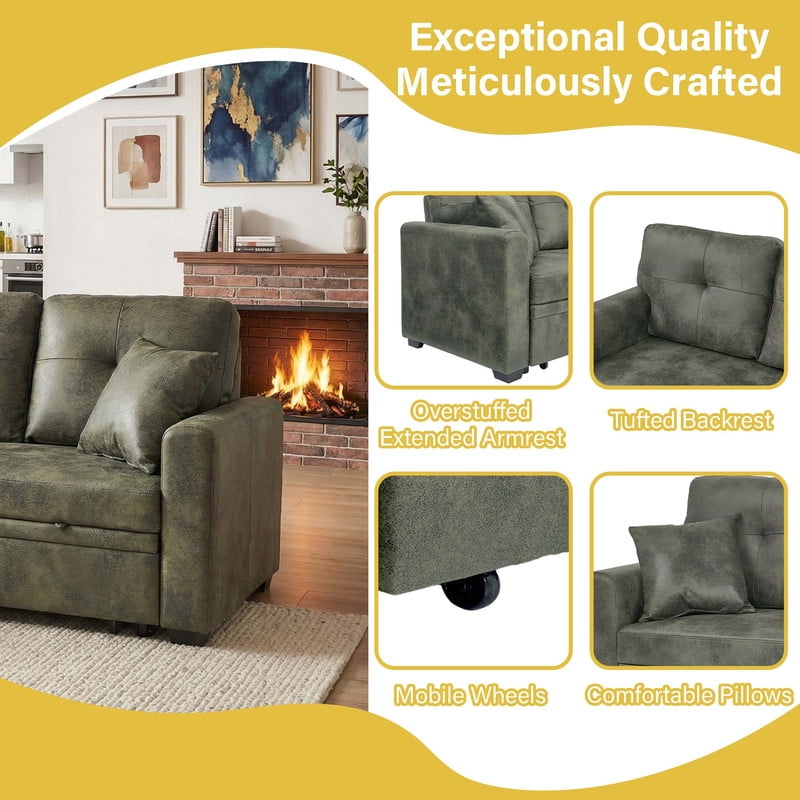 Sleeper Sofa Sectional with Pull-Out Bed – Reversible Chaise + Hidden Storage, Breathable Fabric, L-Shaped Couch for Small Spaces, Convertible Sofa Bed for Living Room