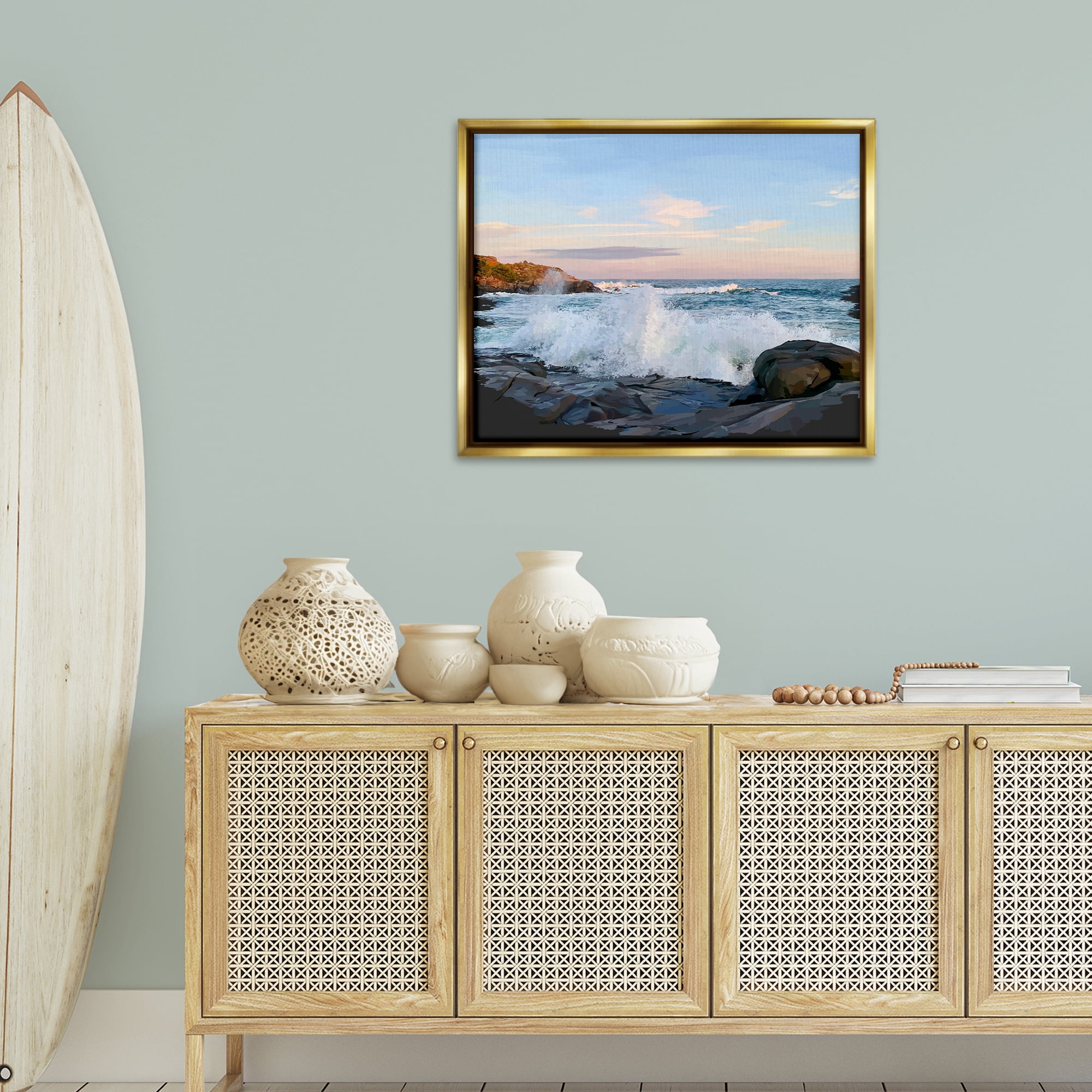 Stupell Industries Strong Breaking Waves Landscape Photography Gold Floater Framed Canvas Art Print Wall Art, 31 x 25