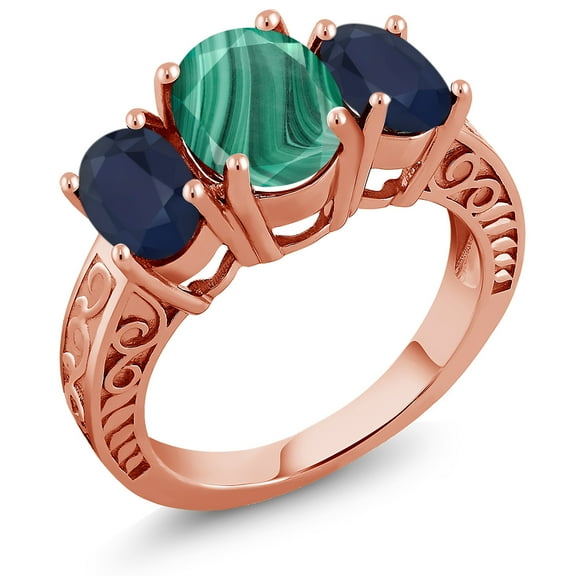 Gem Stone King 4.50 Ct Oval Green Malachite Blue Sapphire 18K Rose Gold Plated Silver Ring (Size 7)