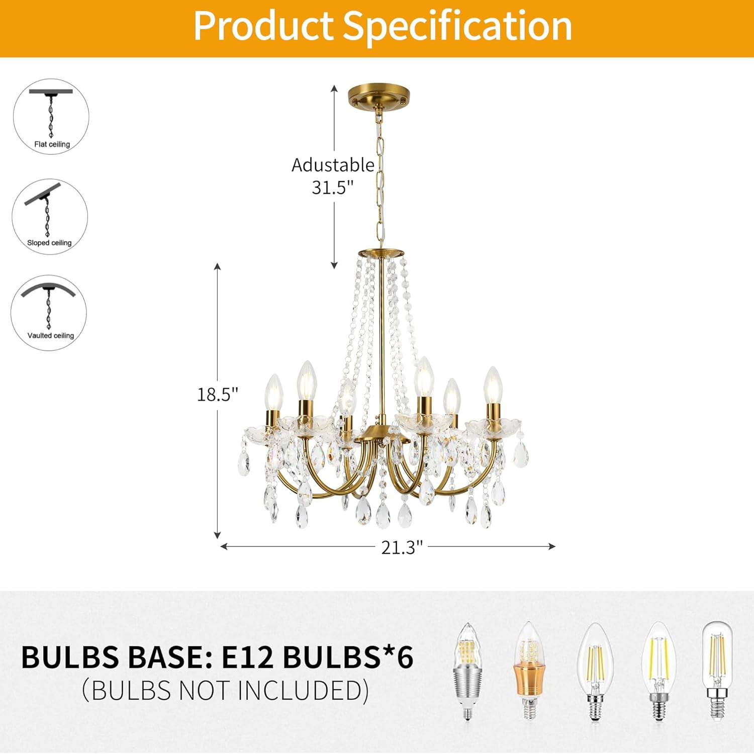 Plug in Crystal Chandelier for Living Room,Golden Hanging Pendant Light with Clear 14.76 ft Cord and On/Off, 6 Light Crystal Chandelier for Wedding, Kitchen, Dining,Foyer