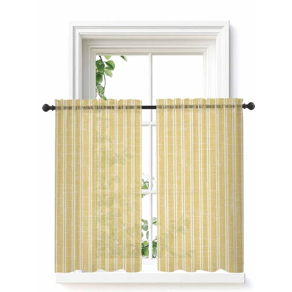 Yellow Striped Curtains 45 Inch Length,Sheer Curtains for Bedroom Living Room Window Farmhouse Geometric Striped Modern Vintage Rod Pocket Drapes Kitchen Curtains Small Half Window 42"x45" 2 Panels