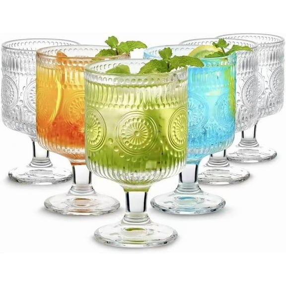 6 Packs Vintage Goblet Glasses, 8 oz Wine Glasses, Embossed Floral Glass Cups Set, Clear Drink Glasses, Drinking Goblets, Bar Tumbler Glassware for Iced Tea, Wine, Beer, Juice, Cocktail, Whiskey