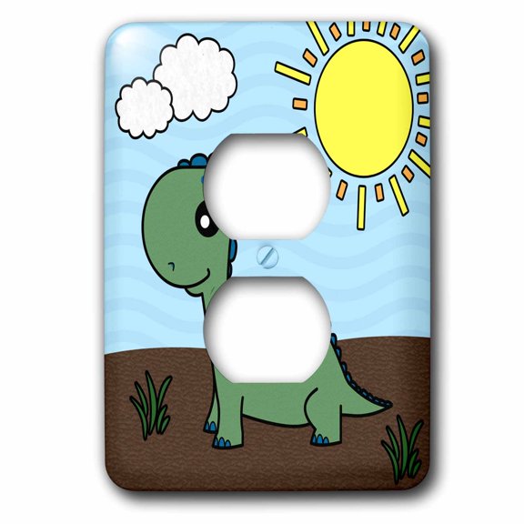 3dRose, Cute Baby Green Dinosaur Scene, 2 plug outlet cover