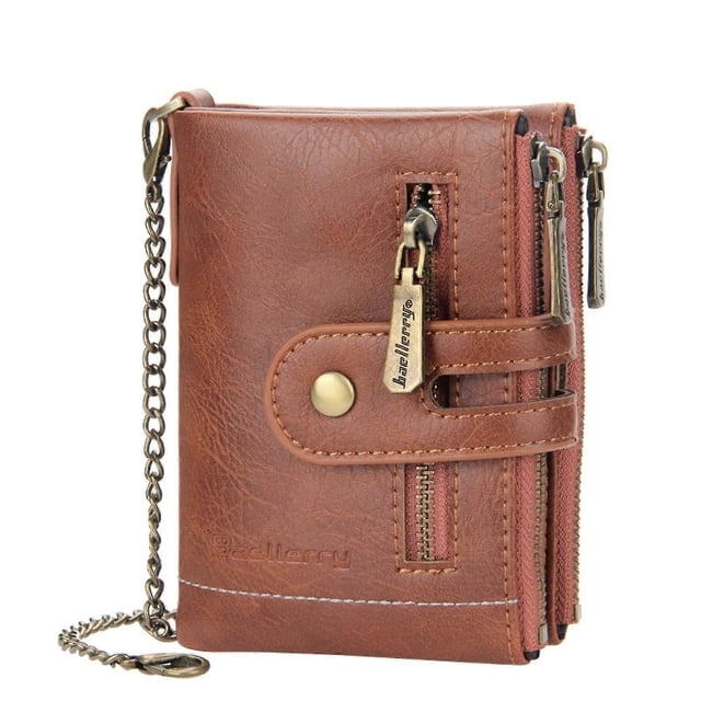 Carteras de cuero plegables con bolsillo para monedas con doble cierre y bloqueo de cadena para bodas, citas, té de la tarde, marrón