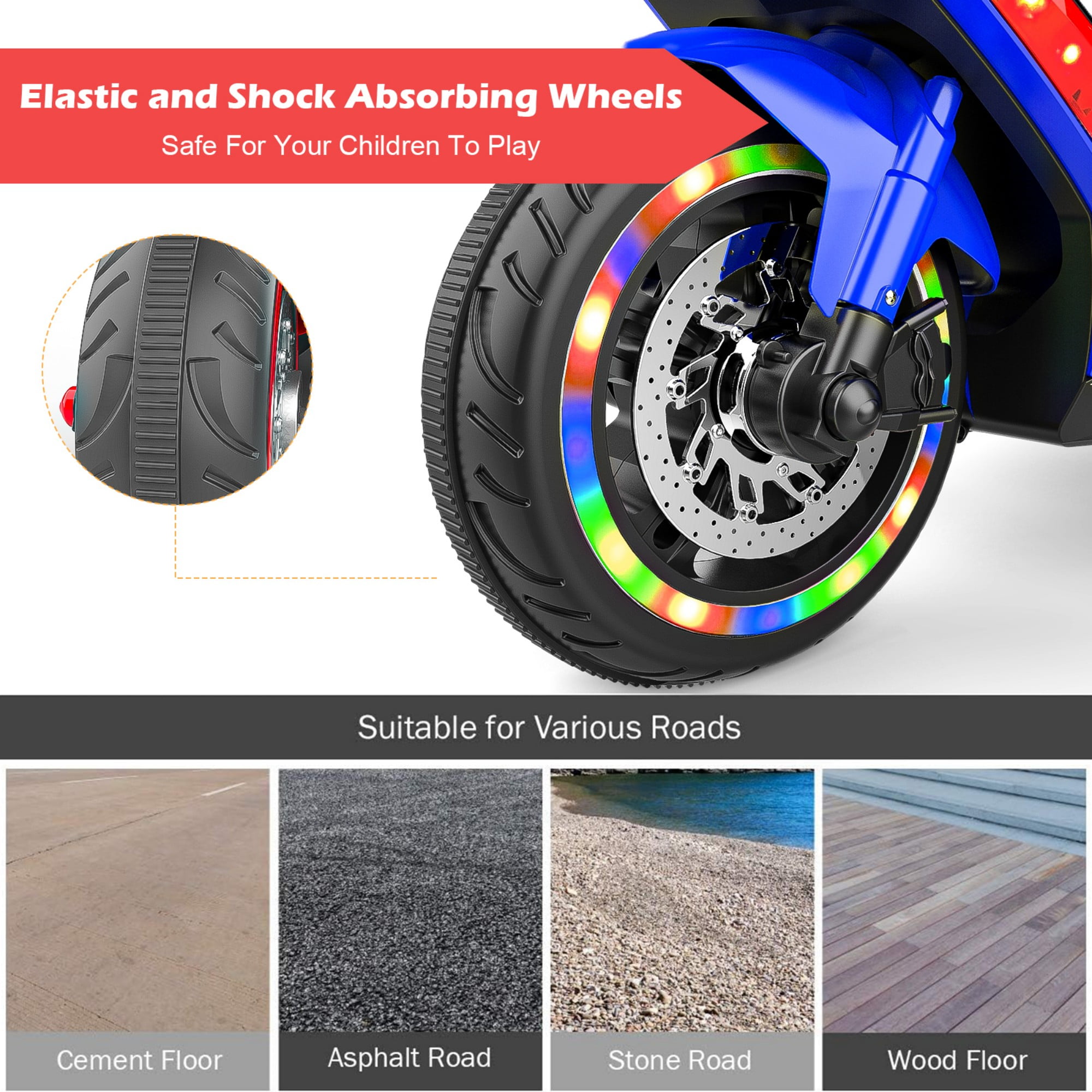 12V Electric Motorcycle for Kids 3-5 Years Old, 4 MPH Top Speed, LED Lights, Bluetooth Music, Battery Powered, Blue