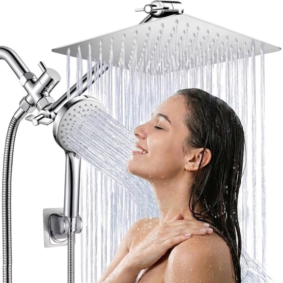Arsvita Chrome 8 inch Rain Shower Head Combo with Handheld Spray, 5 Spray Setting High Pressure Shower, 11 inch Adjustable Brass Extension Arm & 71 inch Stainless Steel Hose