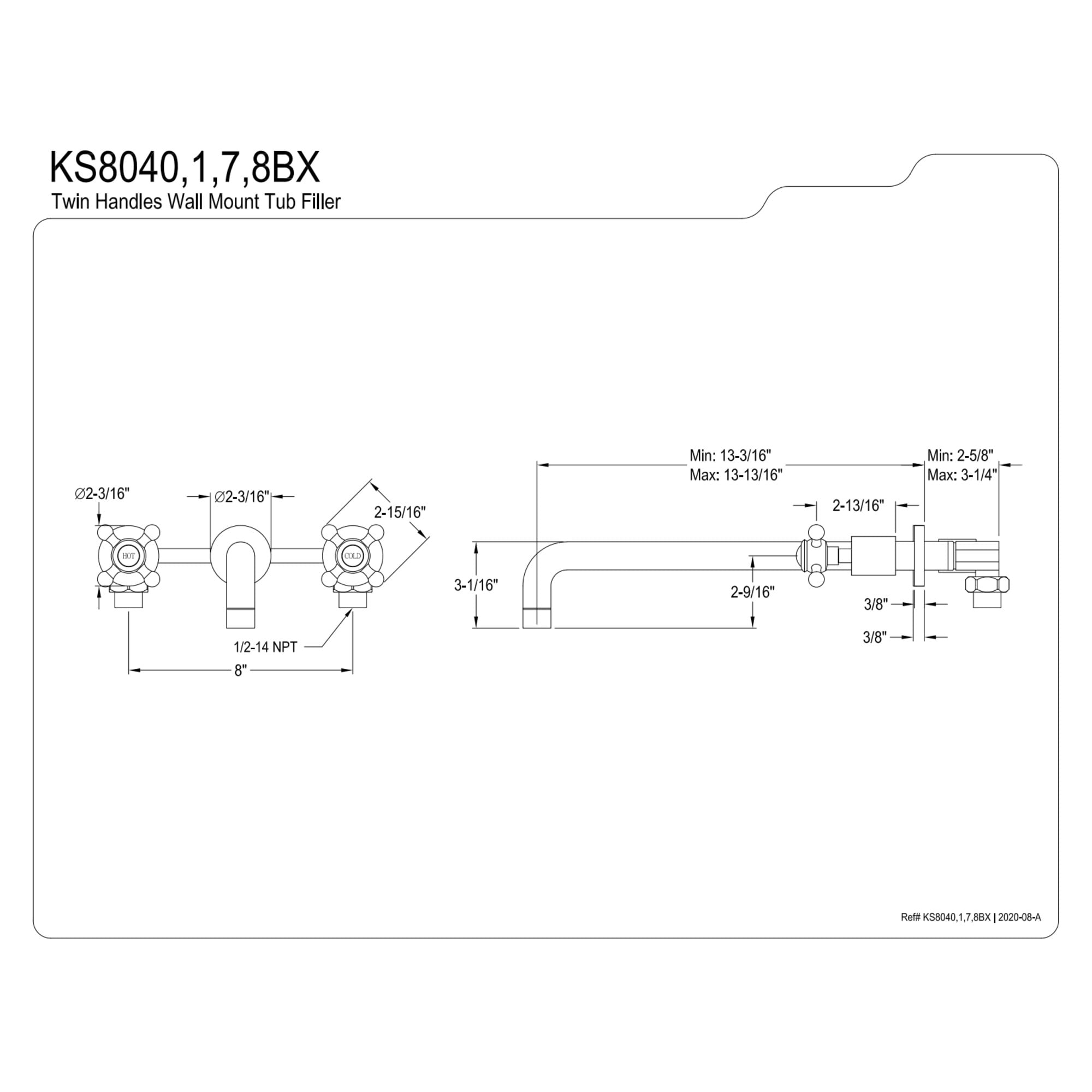 Kingston Brass KS8048BX Metropolitan Two-Handle Wall Mount Roman Tub Faucet, Brushed Nickel