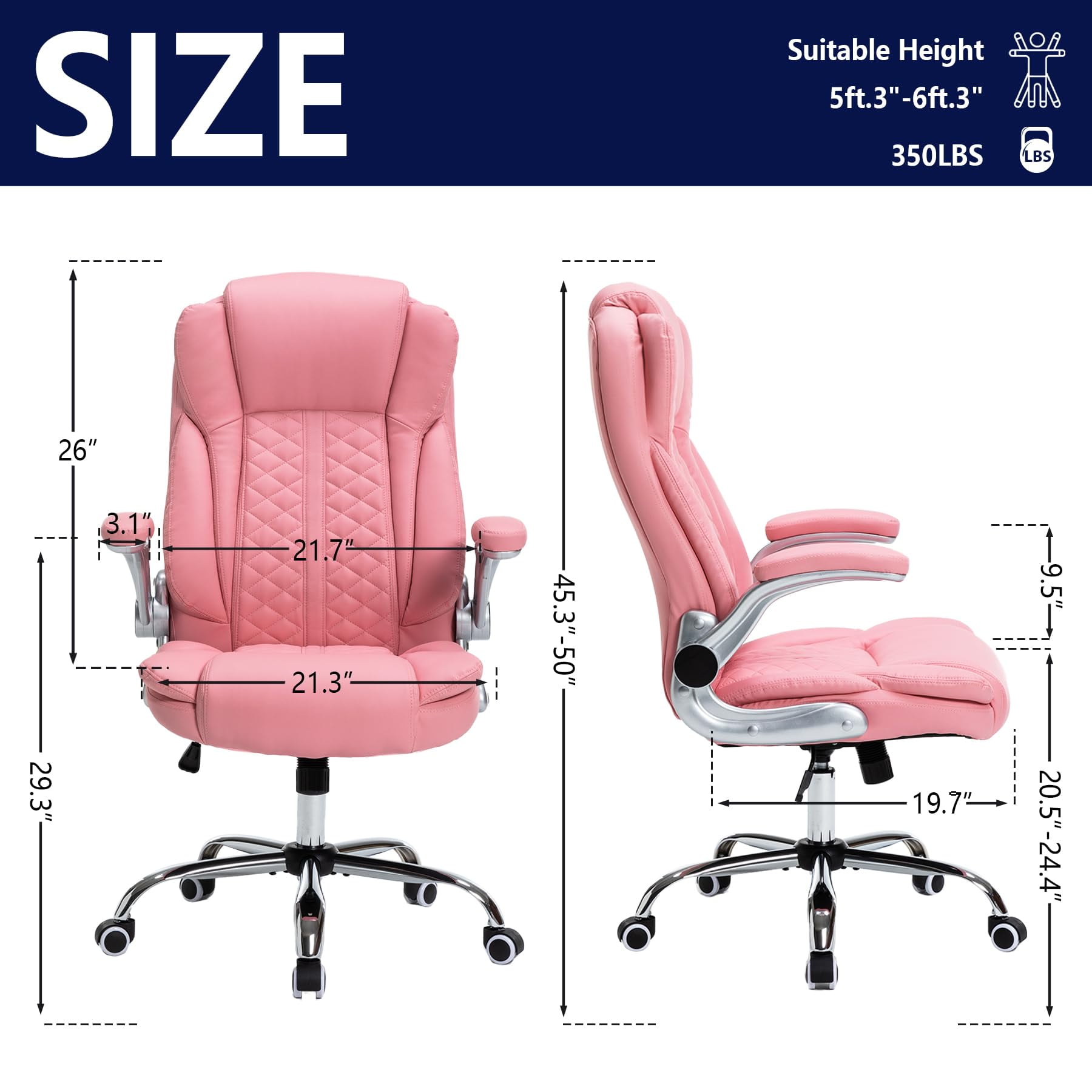 HESL Office Chair with Flip-Up Arms, Big and tall Office Chair with Rocking Mode, Desk Chair, Pink