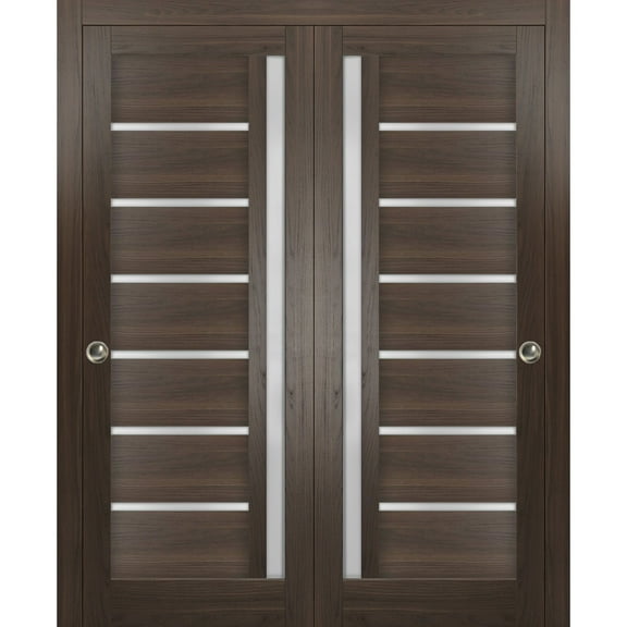 Sliding Closet Bypass Doors with Frosted Glass | Quadro 4088 Chocolate Ash| Sturdy Rails Moldings Trims Hardware Set | Wood Solid Bedroom Wardrobe Doors -36" x 84" (2* 18x84)