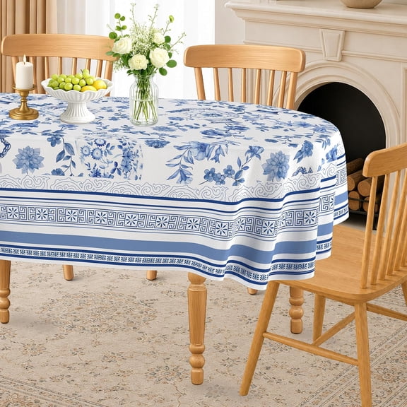 Oval Tablecloth 60x84 Inch, French Toile Blue Vase Table Cloth | Blue and White Floral Vintage Country Table Cover, Waterproof Polyester Rustic Decor for Farmhouse Kitchen Outdoor Picnic