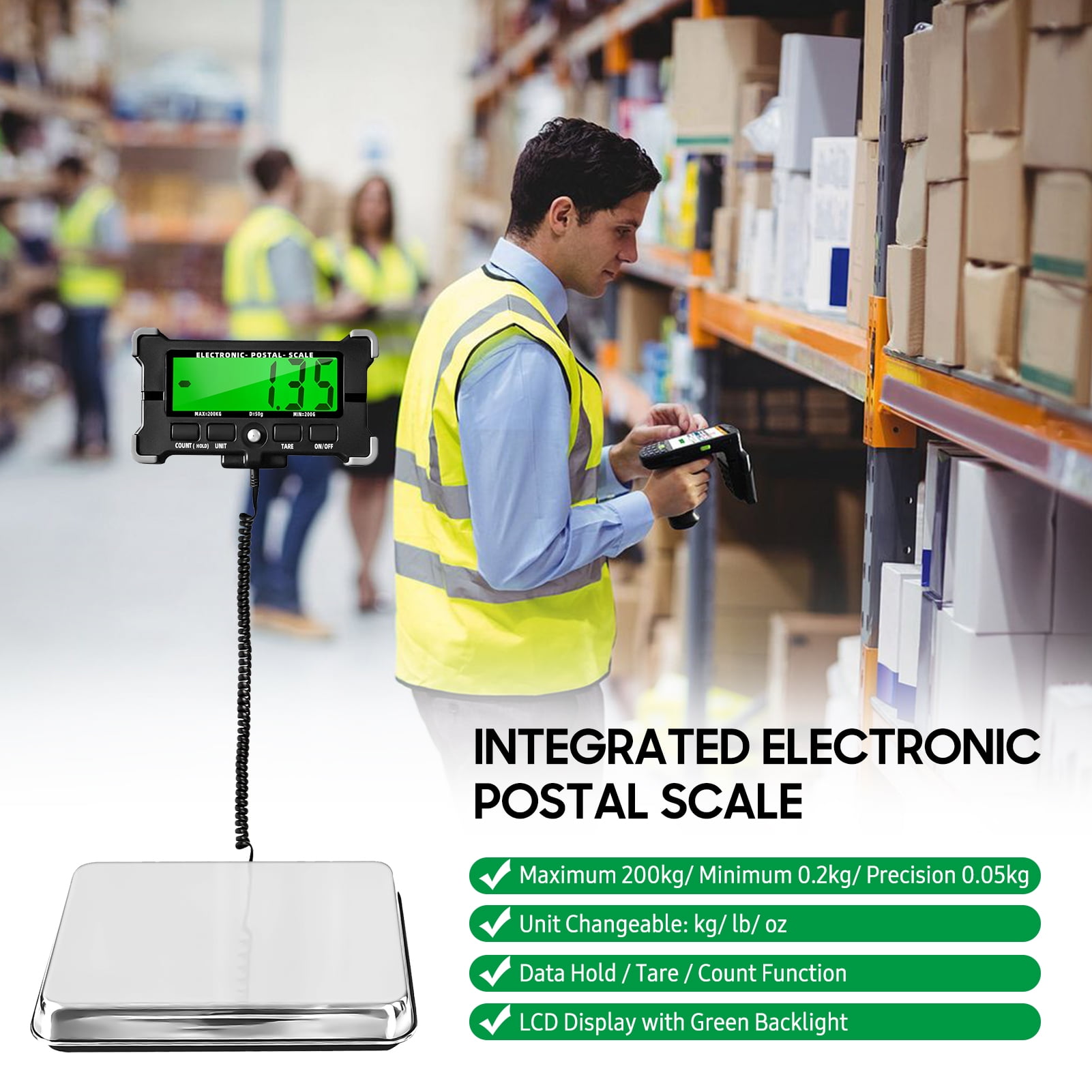 Bilancia Digitale Postale GRAM PRES 200 Kg/440 Lbs | Precisione 10 G, Funzione Tara/Hold/Conteggio Pezzi, Alimentazione USB E Batteria - Per Pacchi, Bagagli, Animali Domestici