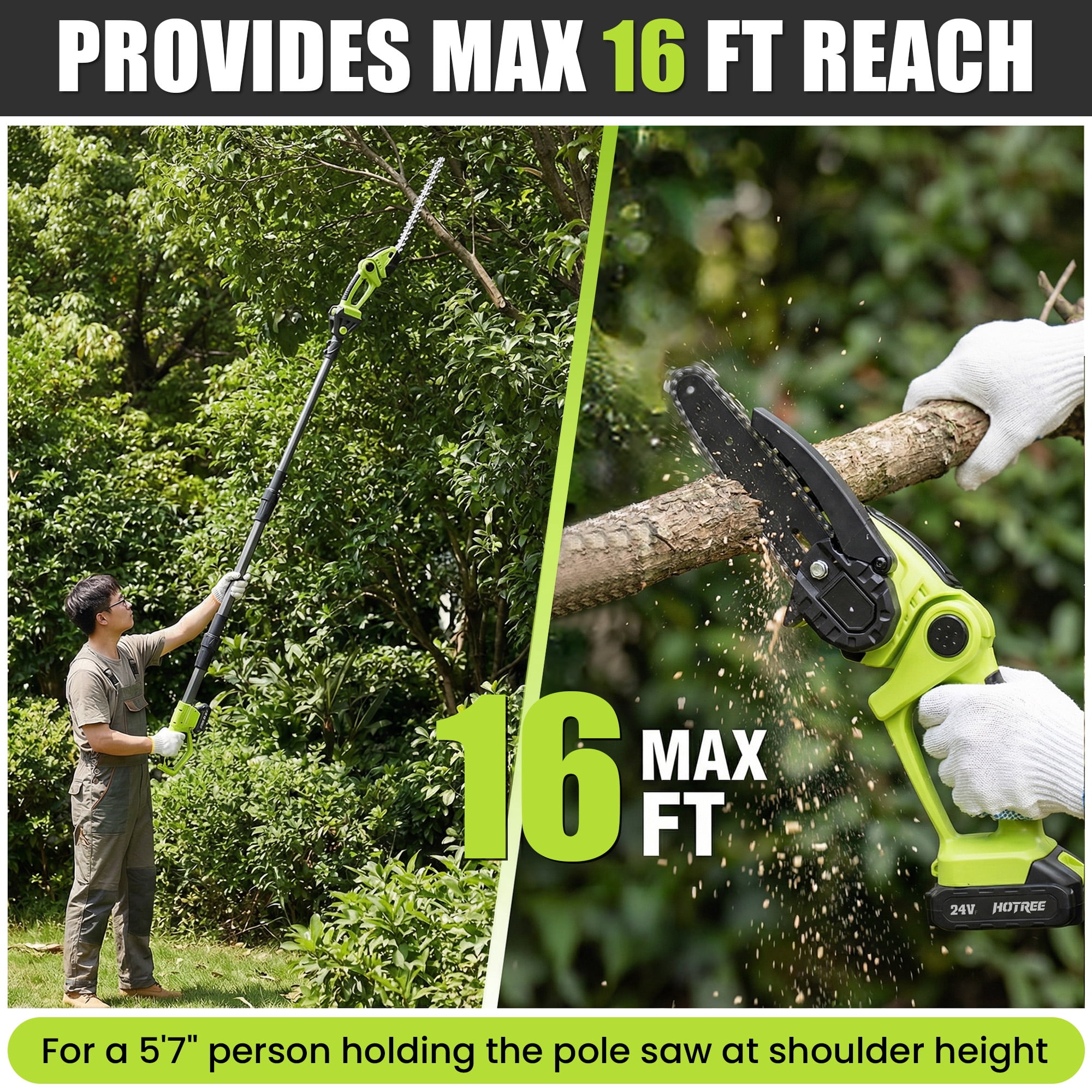 HOTREE 21V Cordless Pole Hedge Trimmer, 3-in-1 with 6 in Pole Saw & Branch Saw Attachment, 2.0Ah Battery & Charger, 16 ft Reach