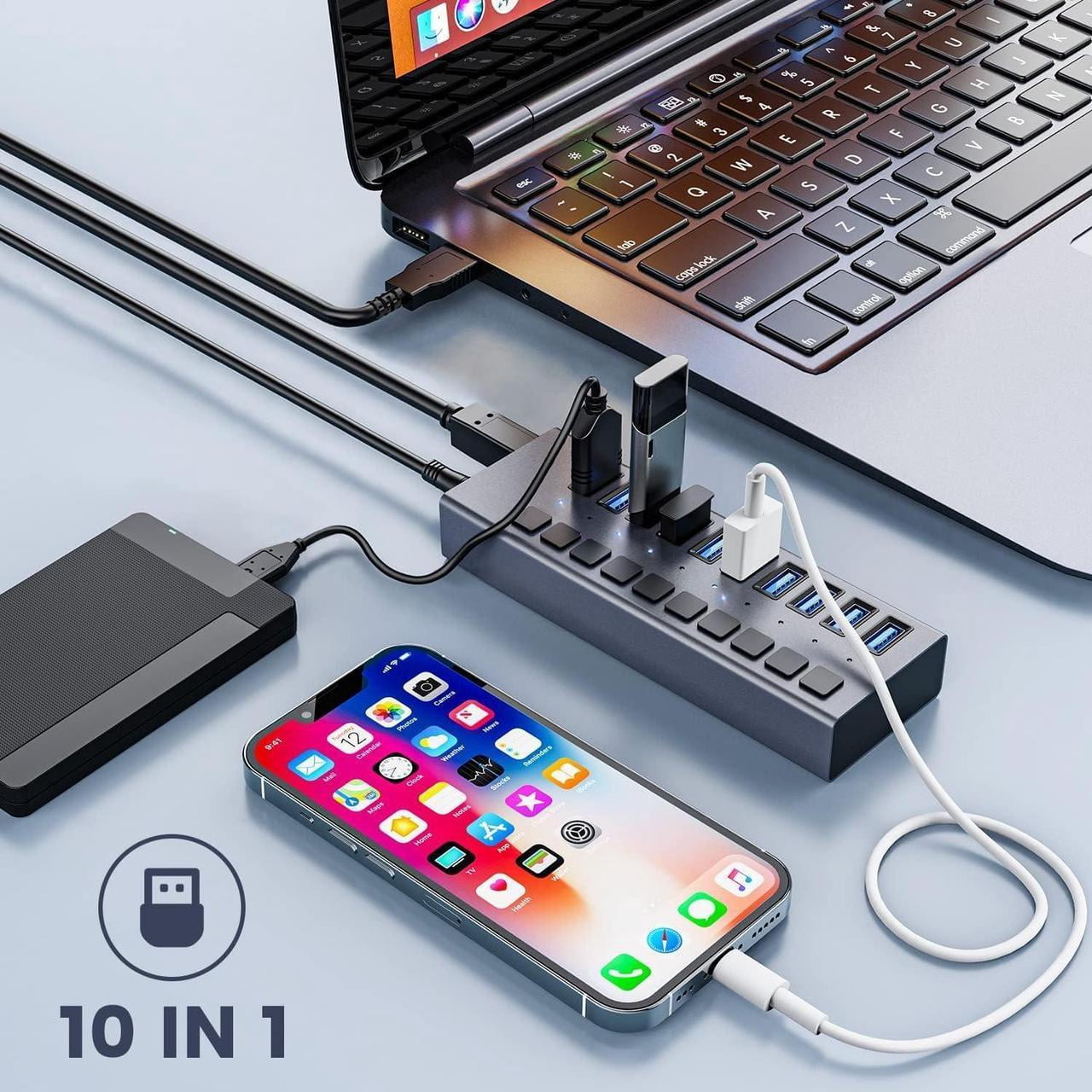 48W Powered USB Hub - 10 Ports USB 3.0 Data Hub - with Individual On/Off Switches and 12V/4A Power Adapter USB Hub 3.0 Splitter for Laptop, PC, Computer, Mobile HDD, Flash Drive