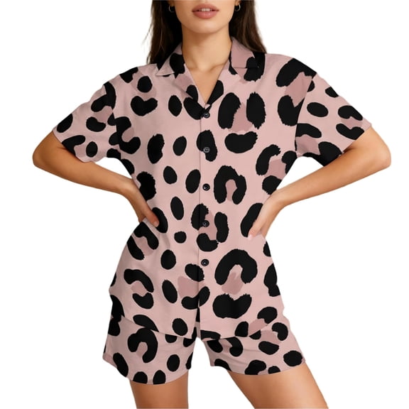 Womens Pajama Sets 2 Piece, V Neck Button Down Short Sleeve Pajamas for Women, Soft Polyester Homewear Lounge Set, Leopard Zebra Print Sleepwear S-3XL
