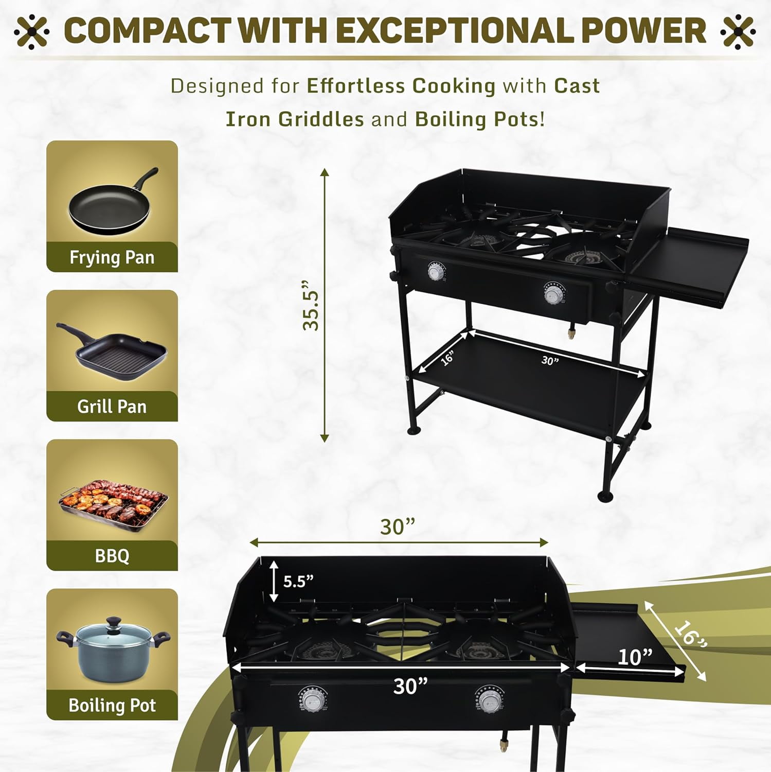 SONRET - Two Burner Propane Camping Gas Stove - with Side & Bottom Shelf and Wind Panel
