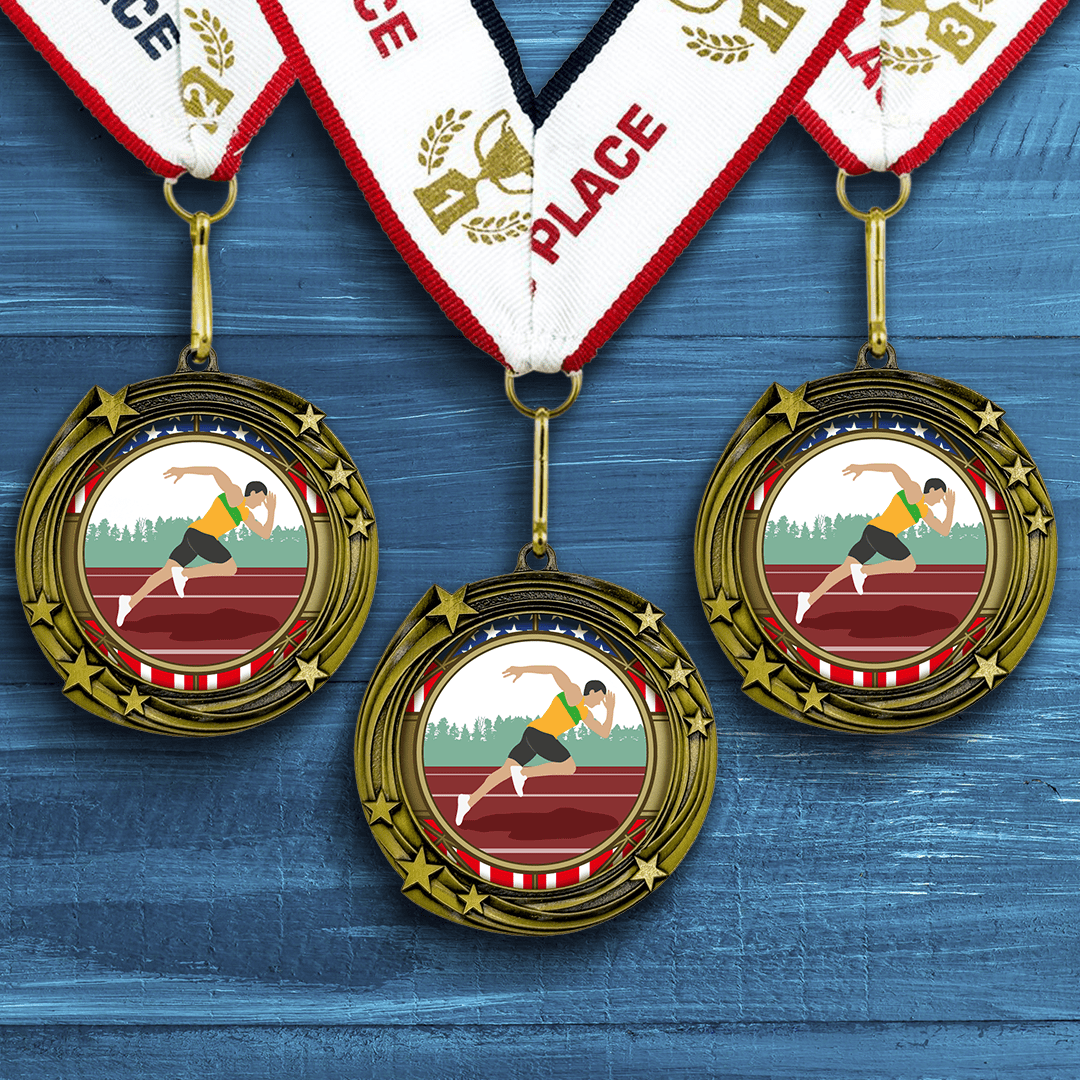 All Quality Stars Design Track and Field Medal ( male) - 1st, 2nd, 3rd Place - 9 Piece Set (3 Pack)