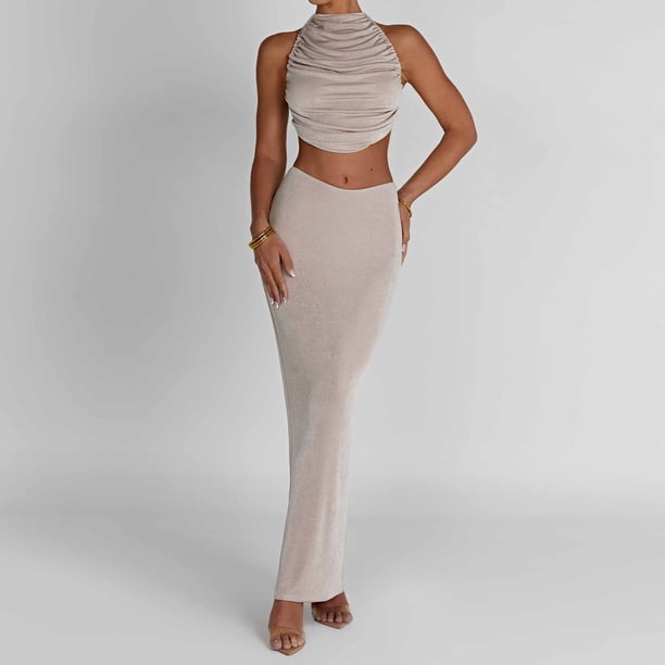 Conjuntos De 2 Piezas Conjunto de 2 piezas a juego para mujer, conjunto de falda superior fruncida suave, vestidos largos de fiesta de noche Cgtredaw Caqui M para Mujer