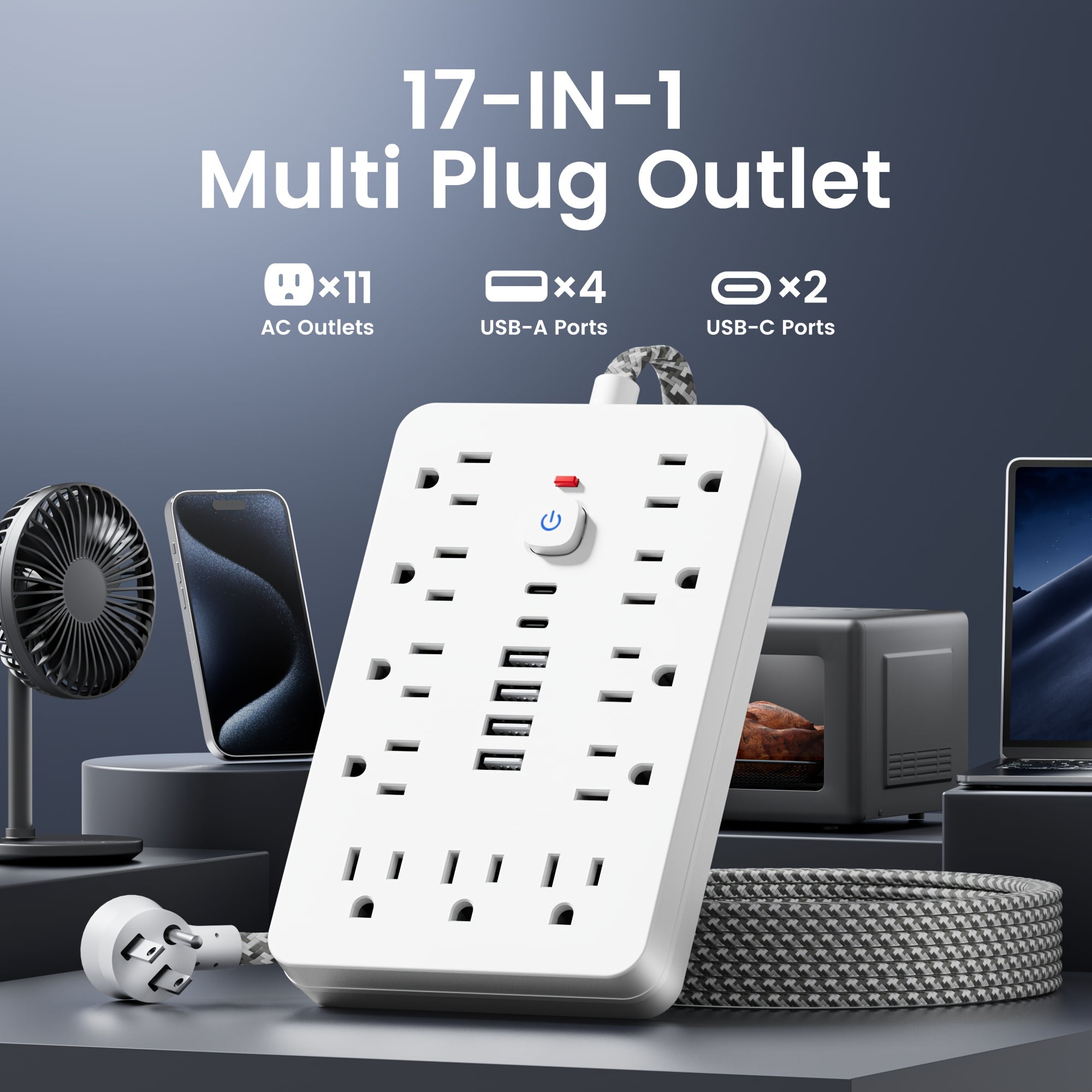 Surge Protector Power Strip with 11 AC Outlets, 4 USB-A & 2 USB-C Ports, 5ft/10ft Braided Cord, Overload Protection for Home Office Travel